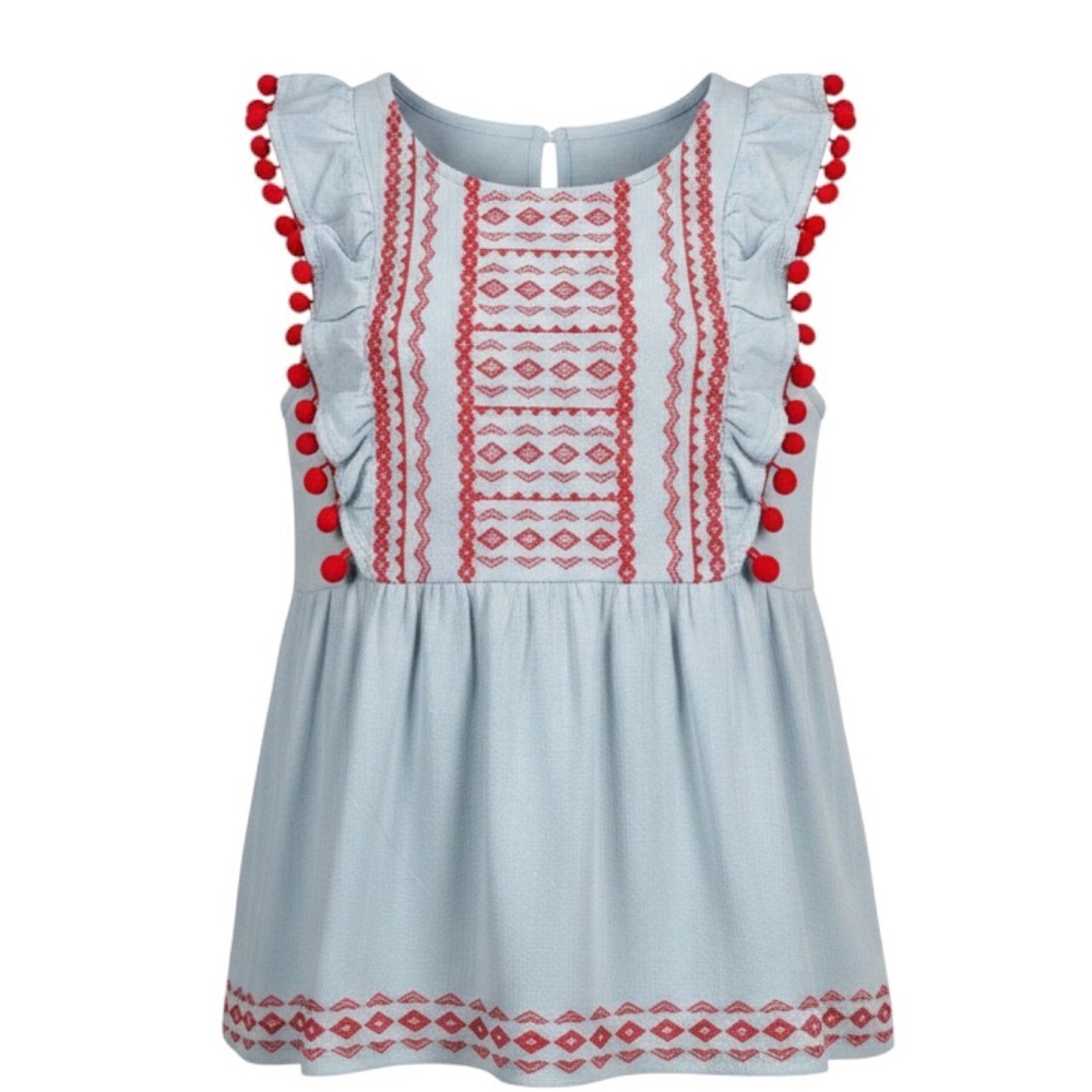Savanna Jane Womens Blouse Blue Embroidered Pom Pom Ruffle Babydoll Top Small